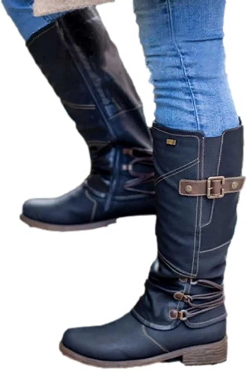 Ctreela Women's Vintage Mid-Calf Riding Boot Retro Round Toe Work Chunky Low Heel Western Booties Combat Motorcycle Boots