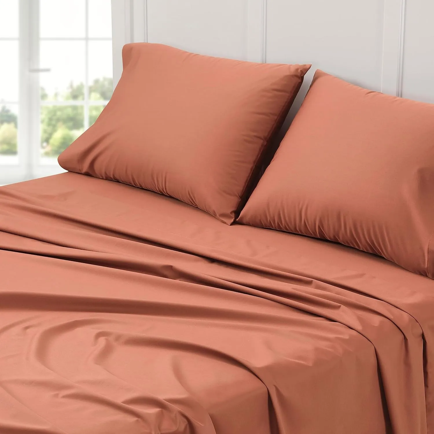 Cuddledown Dreamstead 100% Cotton Bed Sheets Set | 300 Thread Count | Luxurious Sateen Weave | Pure Combed Cotton | Soft | Wrinkle Resistant | 4 Piece Set | Red Sand | King | 78” x 80”