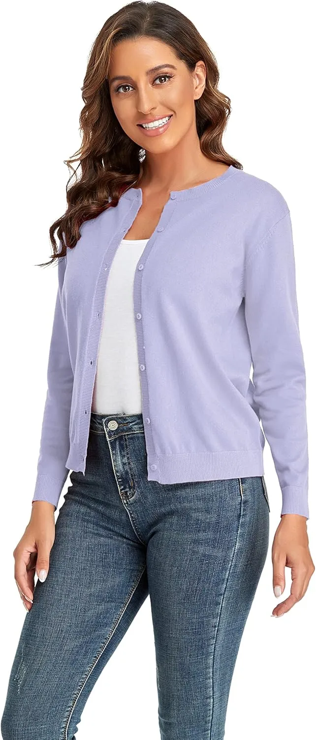 CUNYI Women's Crew Neck Cardigan Long Sleeve Sweater for Women Button Down Soft Knit Ladies Cardigan Sweates Coat