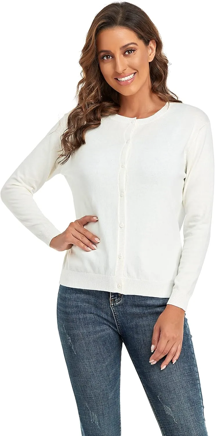 CUNYI Women's Crew Neck Cardigan Long Sleeve Sweater for Women Button Down Soft Knit Ladies Cardigan Sweates Coat