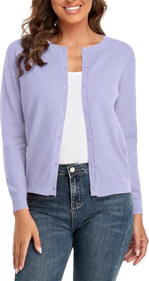 CUNYI Women's Crew Neck Cardigan Long Sleeve Sweater for Women Button Down Soft Knit Ladies Cardigan Sweates Coat