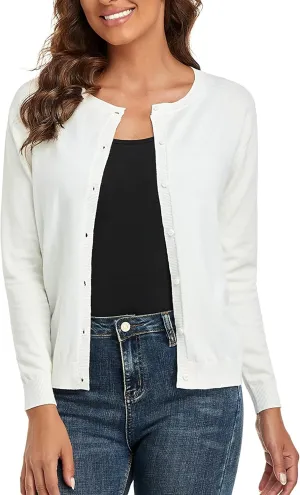 CUNYI Women's Crew Neck Cardigan Long Sleeve Sweater for Women Button Down Soft Knit Ladies Cardigan Sweates Coat