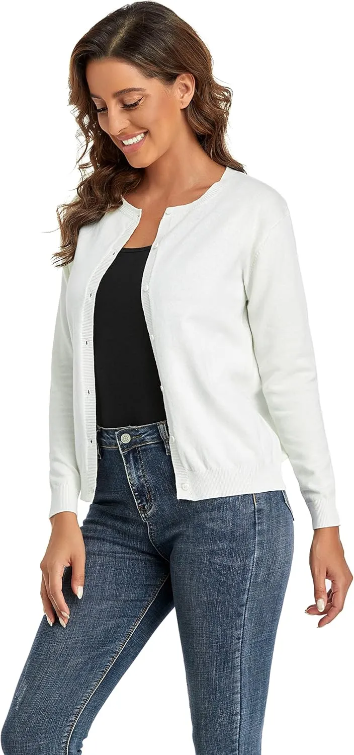 CUNYI Women's Crew Neck Cardigan Long Sleeve Sweater for Women Button Down Soft Knit Ladies Cardigan Sweates Coat