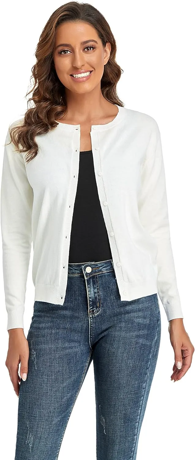 CUNYI Women's Crew Neck Cardigan Long Sleeve Sweater for Women Button Down Soft Knit Ladies Cardigan Sweates Coat