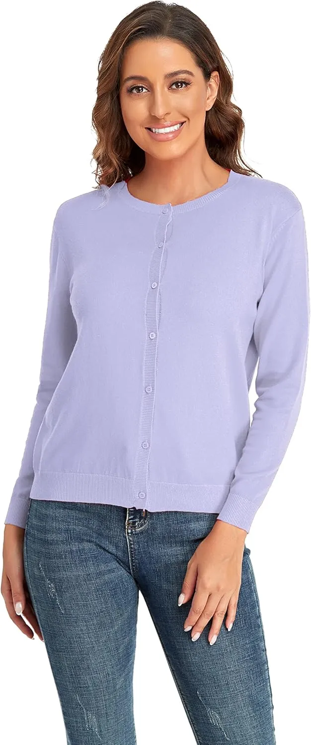 CUNYI Women's Crew Neck Cardigan Long Sleeve Sweater for Women Button Down Soft Knit Ladies Cardigan Sweates Coat