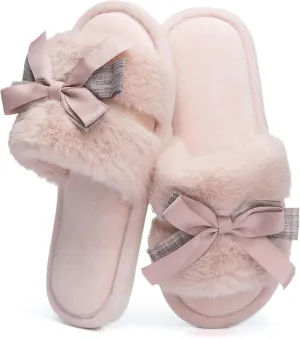 Cute Bow Slippers for Women with Memory Foam Open Toe Fuzzy House Slippers indoor outdoor Anti-Skid Soft Birthday Gifts for Women Mom