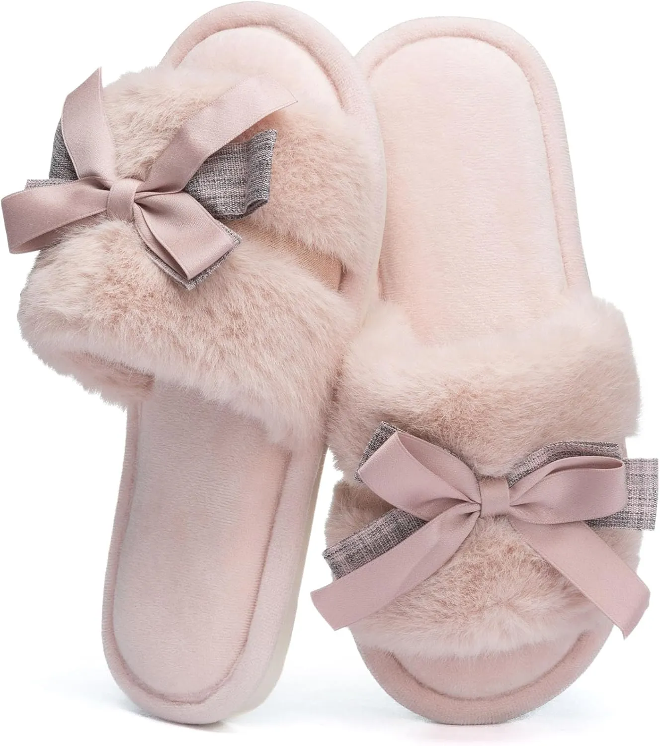 Cute Bow Slippers for Women with Memory Foam Open Toe Fuzzy House Slippers indoor outdoor Anti-Skid Soft Birthday Gifts for Women Mom