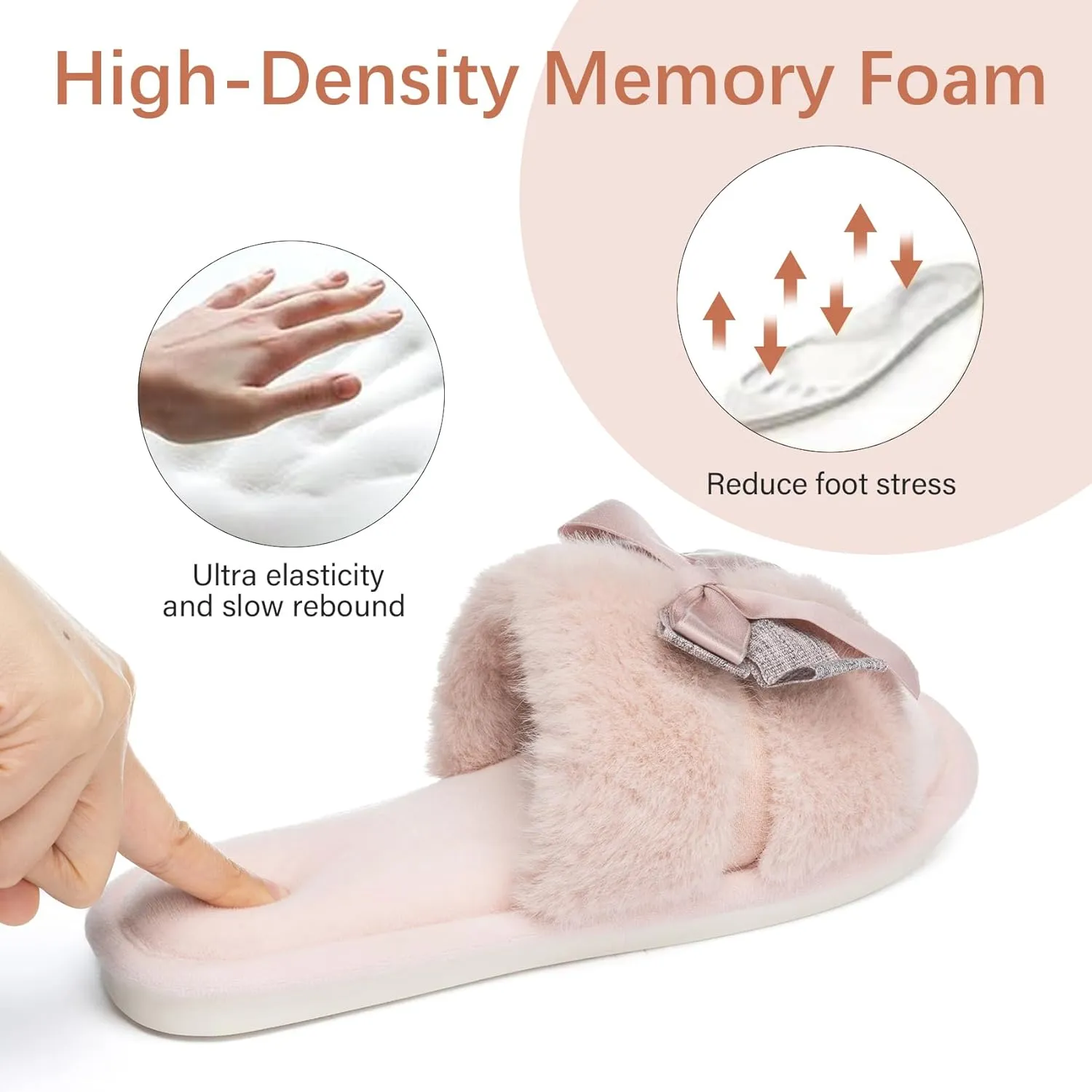 Cute Bow Slippers for Women with Memory Foam Open Toe Fuzzy House Slippers indoor outdoor Anti-Skid Soft Birthday Gifts for Women Mom