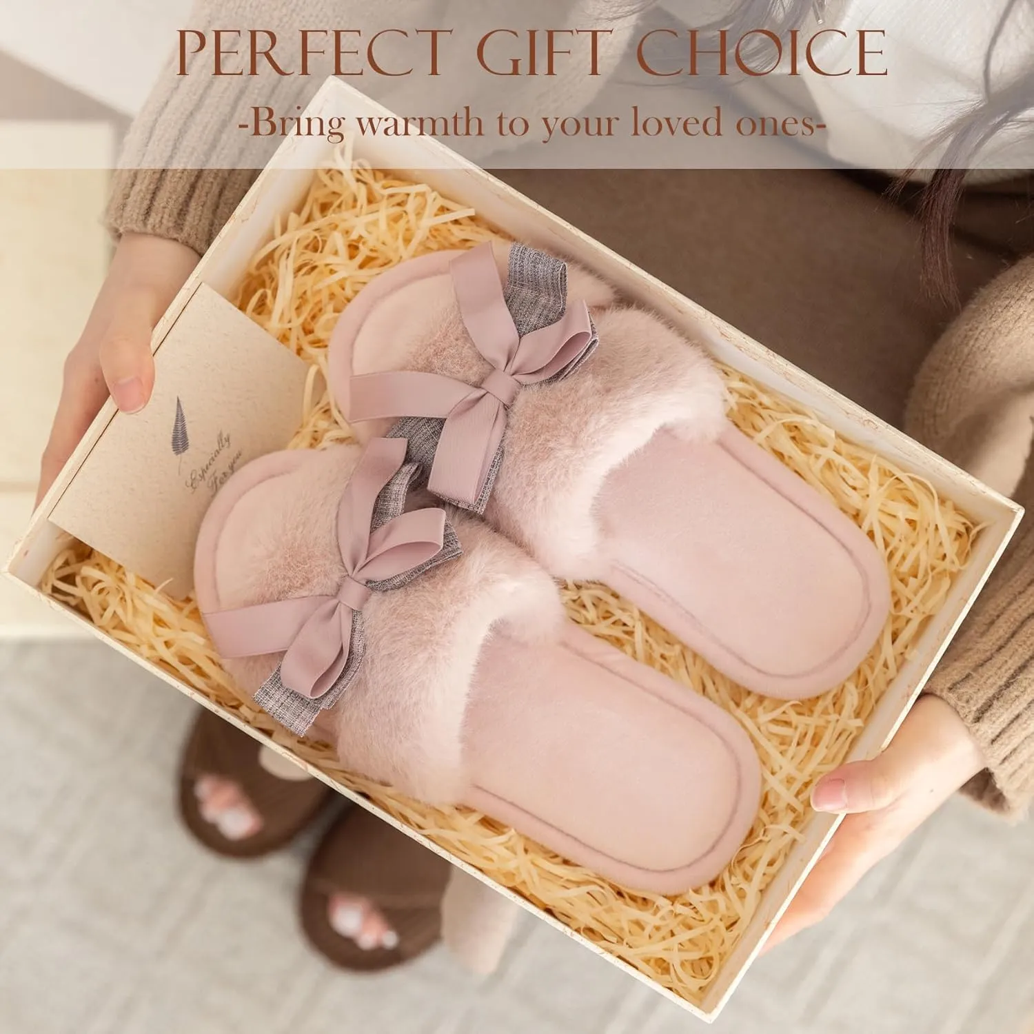 Cute Bow Slippers for Women with Memory Foam Open Toe Fuzzy House Slippers indoor outdoor Anti-Skid Soft Birthday Gifts for Women Mom