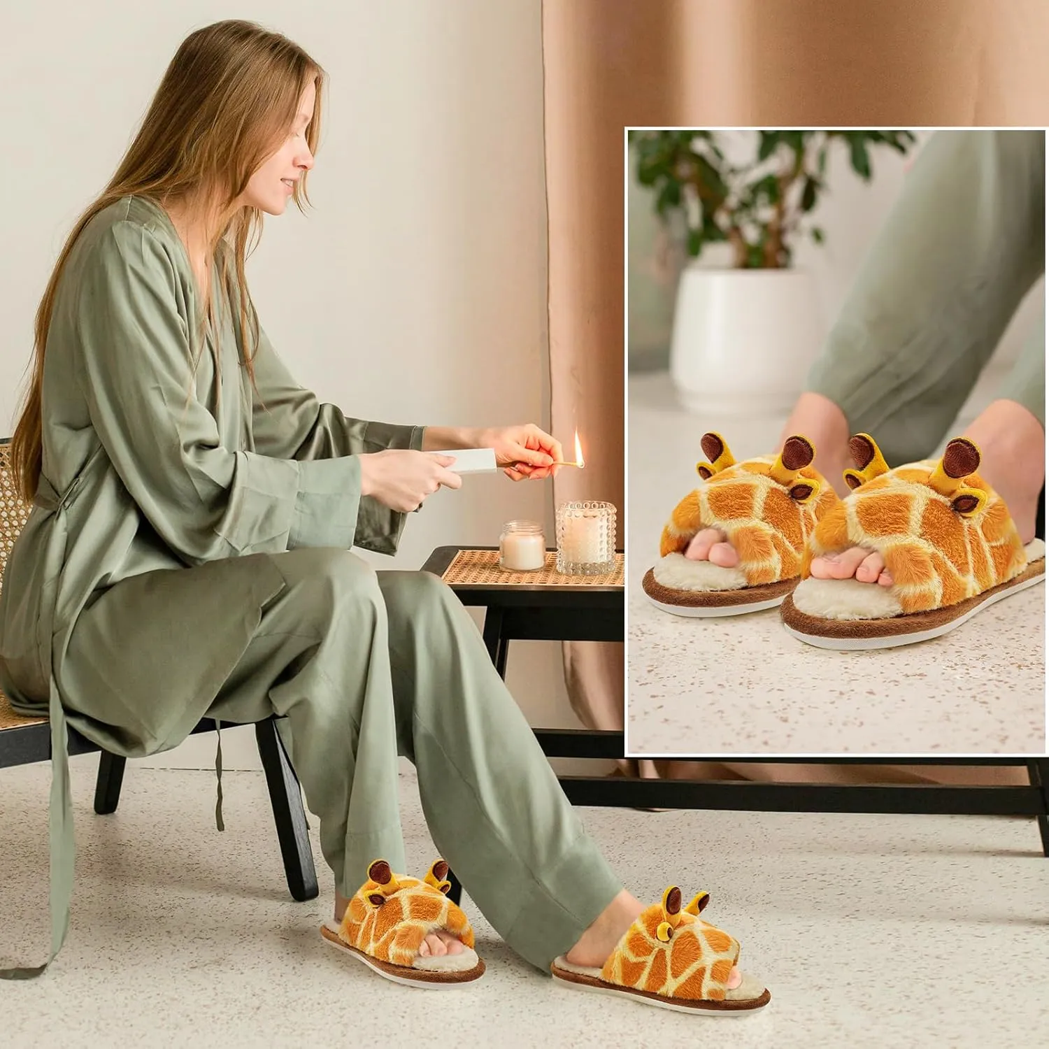 Cute Giraffe Slippers for Women, Plush Fuzzy Cartoon Animal Slippers, Soft Warm Memory Foam Shoes, Cozy Bedroom Slippers