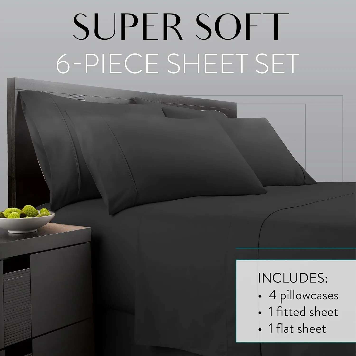 Danjor Linens King Sheet Set 6 Piece Hotel Quality Bed Sheet w/ 4 Pillowcases - Microfiber Sheet Sets with Deep Pockets, Breathable Cooling Wrinkle Free, Machine Washable for King Size Bed, Black