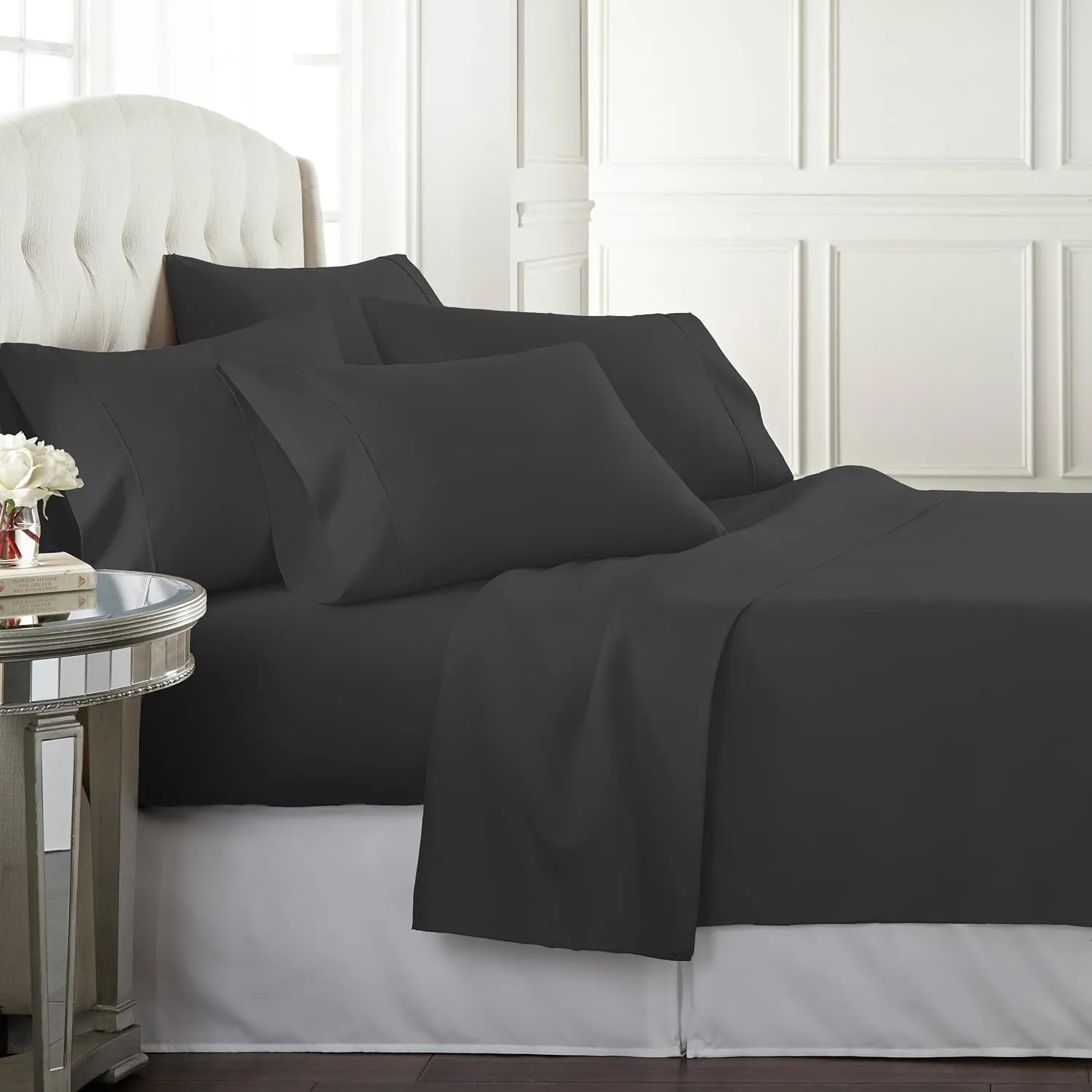 Danjor Linens King Sheet Set 6 Piece Hotel Quality Bed Sheet w/ 4 Pillowcases - Microfiber Sheet Sets with Deep Pockets, Breathable Cooling Wrinkle Free, Machine Washable for King Size Bed, Black