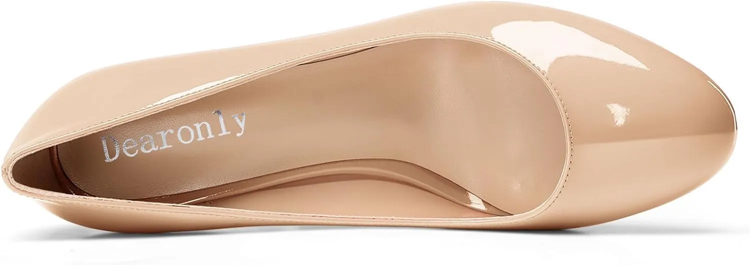 DearOnly Womens Close Round Toe Sexy Casual Slip-on Pumps Patent Leather Mid Heel Basic Classic Office Shoes 2.6 Inches Heels