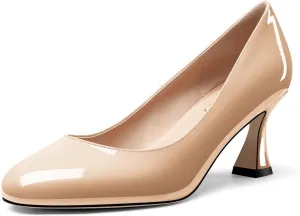 DearOnly Womens Close Round Toe Sexy Casual Slip-on Pumps Patent Leather Mid Heel Basic Classic Office Shoes 2.6 Inches Heels