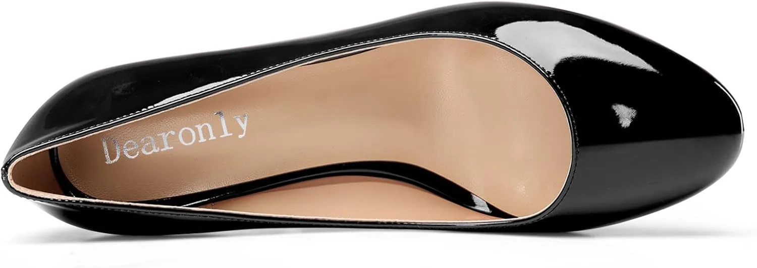 DearOnly Womens Close Round Toe Sexy Casual Slip-on Pumps Patent Leather Mid Heel Basic Classic Office Shoes 2.6 Inches Heels
