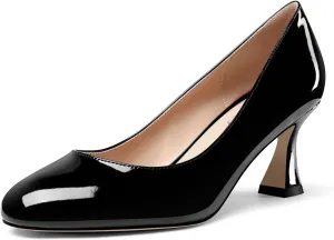 DearOnly Womens Close Round Toe Sexy Casual Slip-on Pumps Patent Leather Mid Heel Basic Classic Office Shoes 2.6 Inches Heels