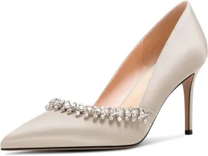 DearOnly Womens Mid Stiletto Heel Close Pointed Toe Slip-on Pumps Glitter Rhinestone Crystal Wedding Prom Shoes 3.2 Inches Heels