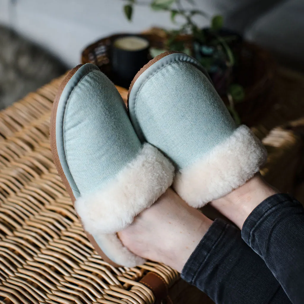 Deluxe Ladies 'Daisy' Sheepskin Slipper Mule - Herringbone Green