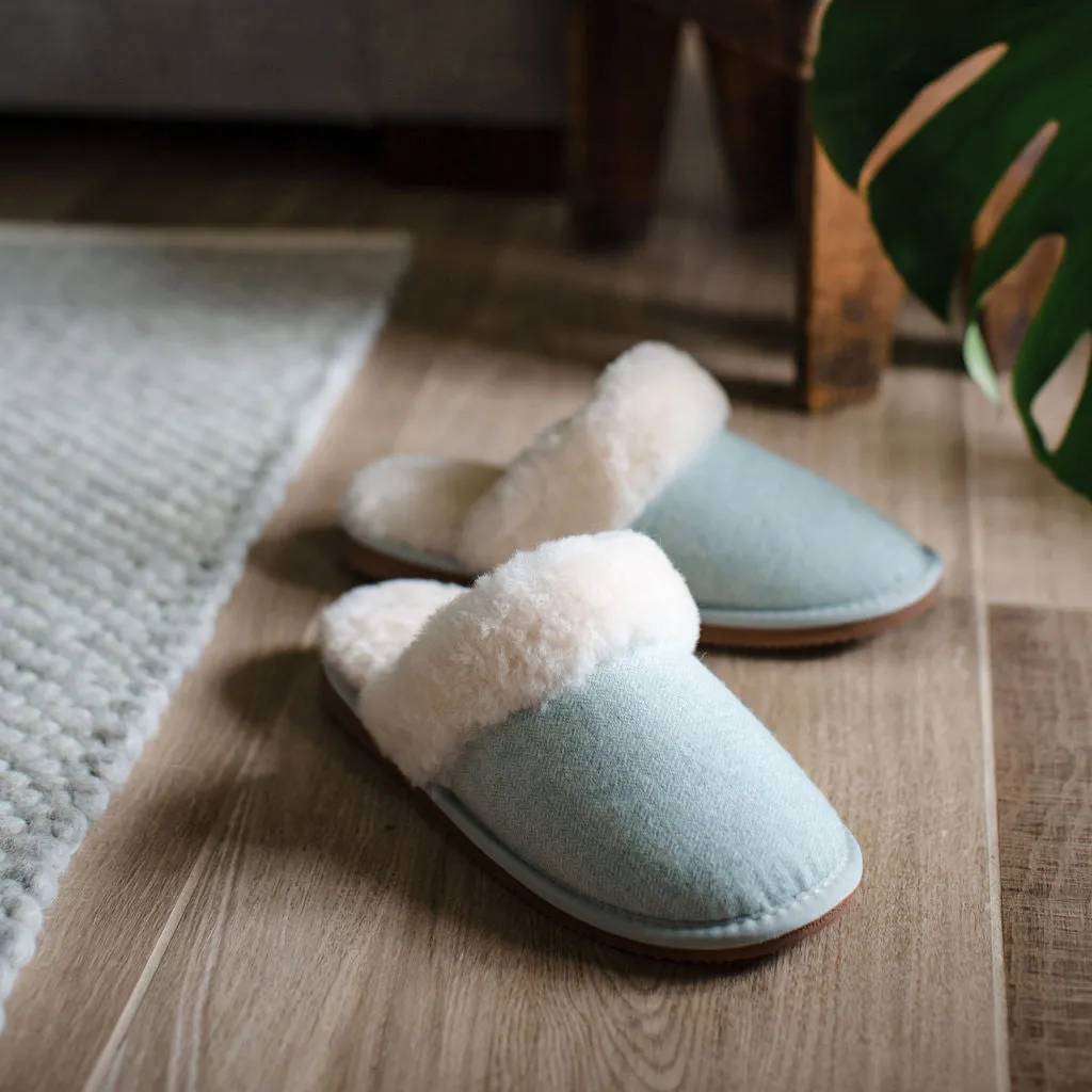 Deluxe Ladies 'Daisy' Sheepskin Slipper Mule - Herringbone Green