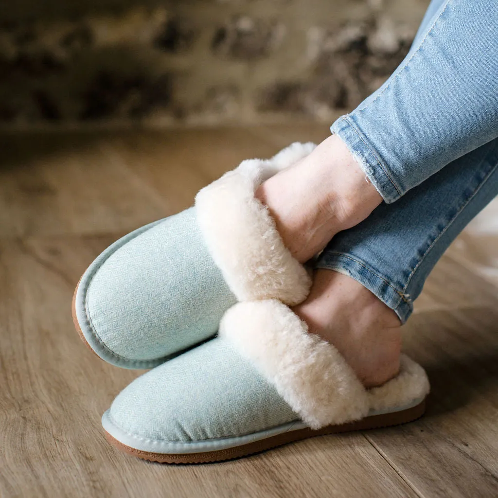 Deluxe Ladies 'Daisy' Sheepskin Slipper Mule - Herringbone Green