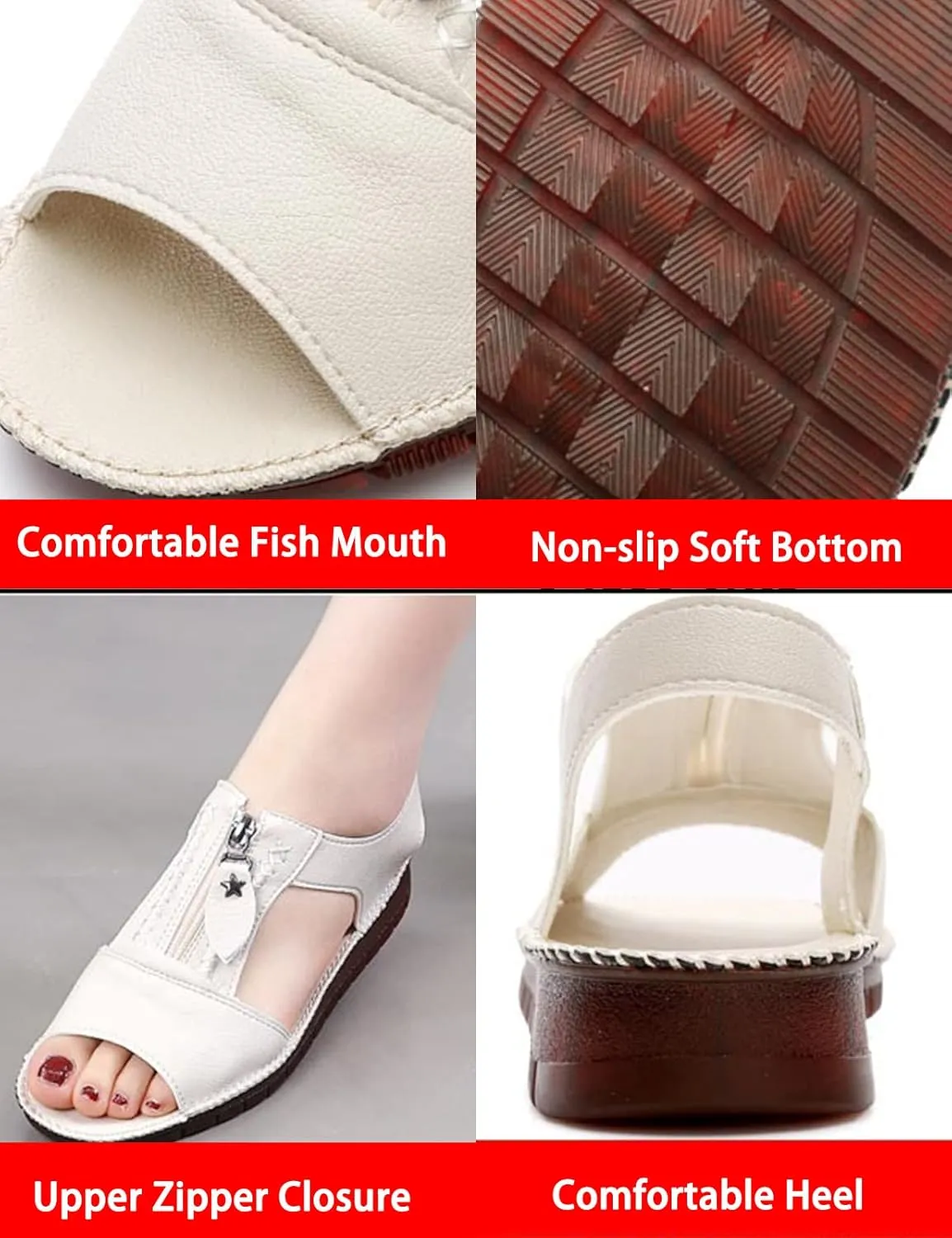 DevilAngel Women's Summer Soft Sole Cowhide Sandals,Zipper Closure Fish Mouth Walking Round Toe Outdoor Beach Flat Shoes Casual