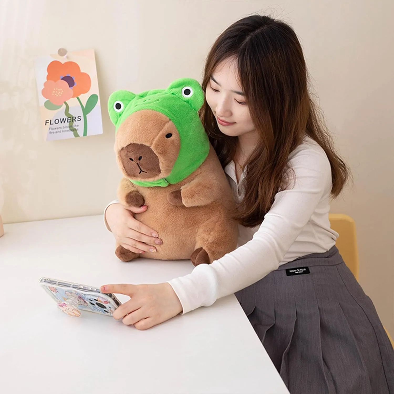 Ditucu Cute Capybara Plush Pillow with Wearable Frog Hat Stuffed Animal Capibara Plushies Toys Gifts for Kids Brown 13.7 inch