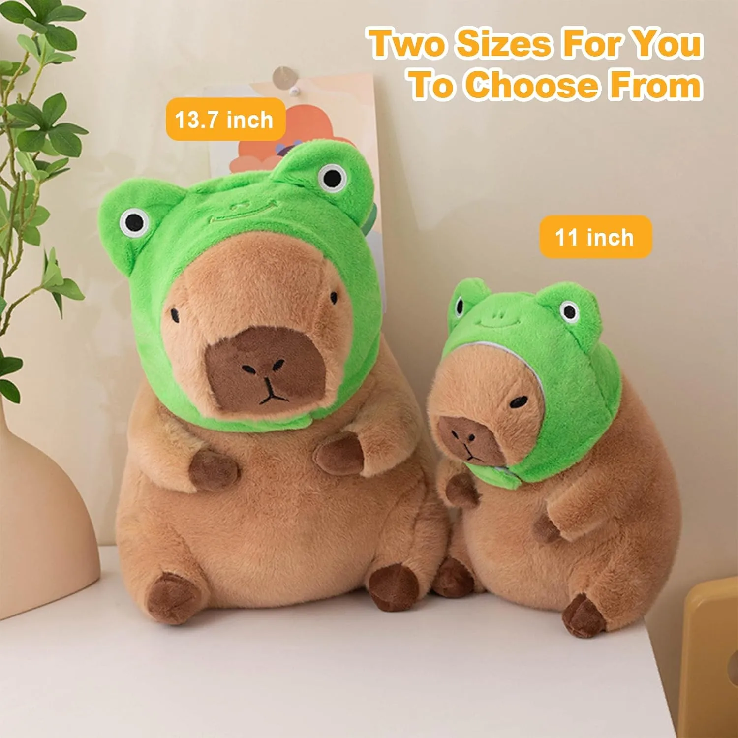 Ditucu Cute Capybara Plush Pillow with Wearable Frog Hat Stuffed Animal Capibara Plushies Toys Gifts for Kids Brown 13.7 inch