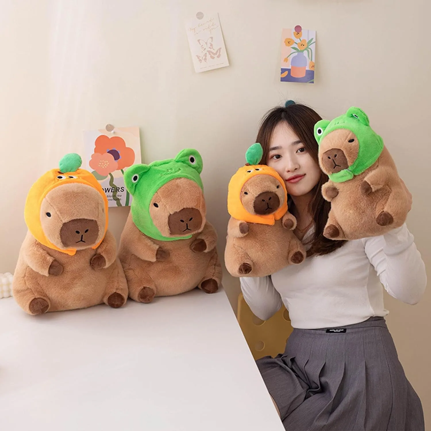 Ditucu Cute Capybara Plush Pillow with Wearable Frog Hat Stuffed Animal Capibara Plushies Toys Gifts for Kids Brown 13.7 inch