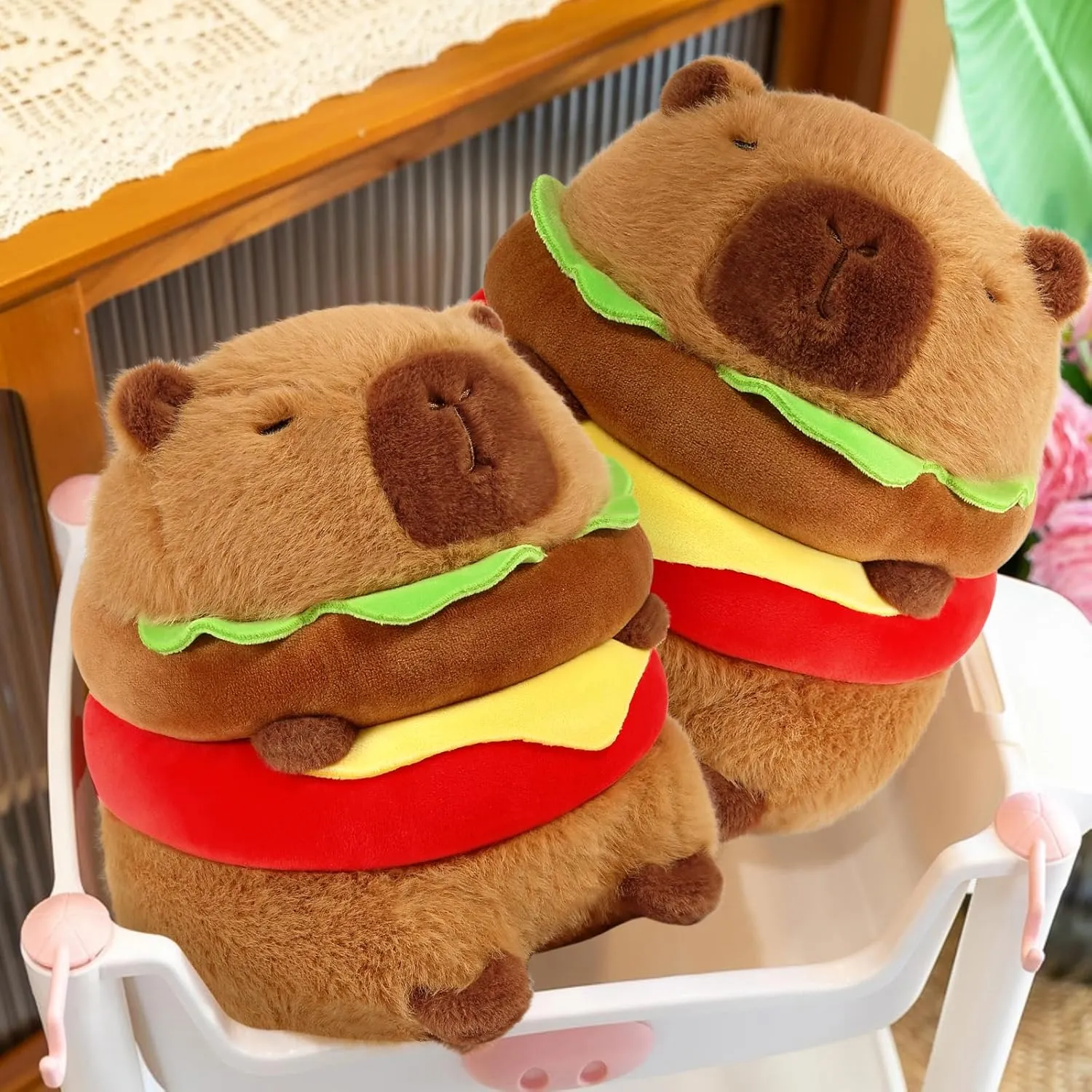 Ditucu Cute Hamburger Capybara Plush Burger Food Capibara Stuffed Animal Plushies Toys Hugging Gifts for Kids Brown 7.8 inch