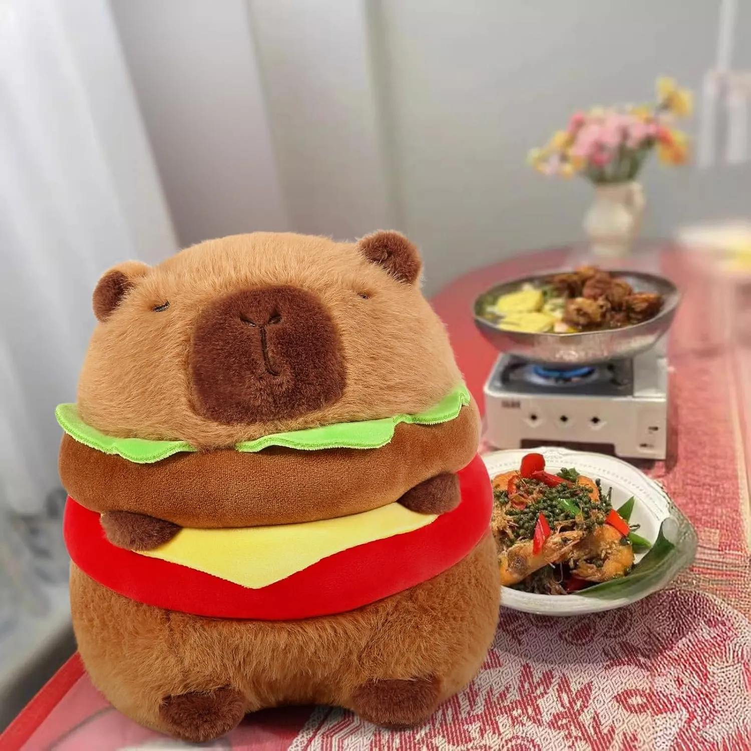 Ditucu Cute Hamburger Capybara Plush Burger Food Capibara Stuffed Animal Plushies Toys Hugging Gifts for Kids Brown 7.8 inch