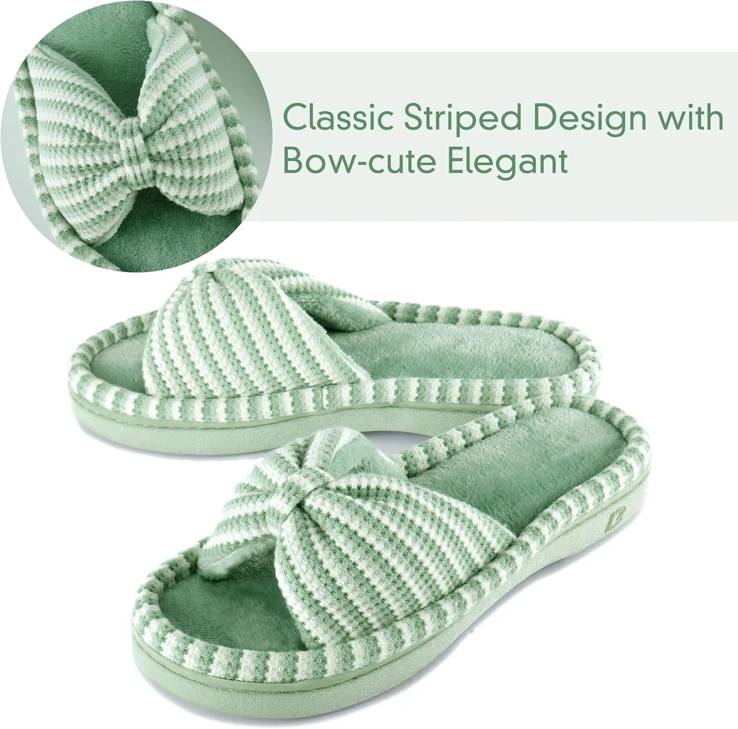 DL Women's Memory Foam Open Toe Slide Slippers with Cute Bow and Cozy Terry Lining, Slip-on House Shoes Spa Mules Sandals with Indoor Outdoor Rubber Sole
