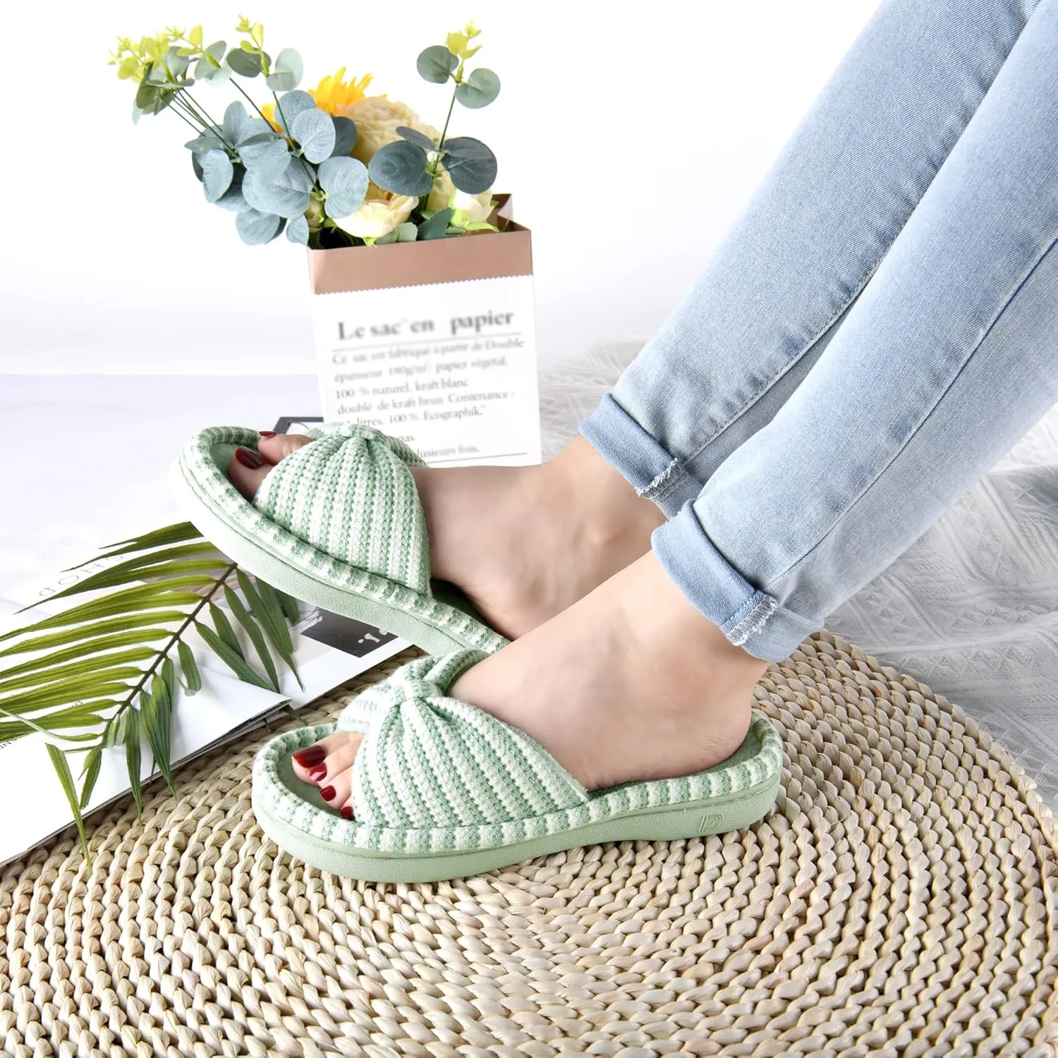 DL Women's Memory Foam Open Toe Slide Slippers with Cute Bow and Cozy Terry Lining, Slip-on House Shoes Spa Mules Sandals with Indoor Outdoor Rubber Sole