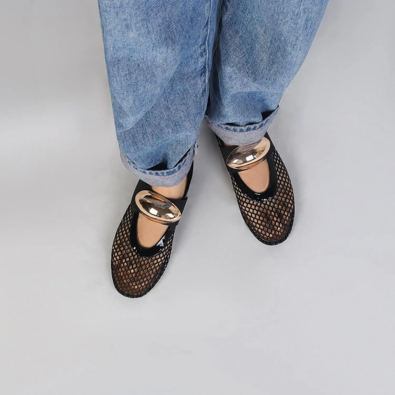 DOEYG Mesh Ballet Flats for Women Buckle Strap Comfy Casual Office Fishnet Ballerina Flat Shoes