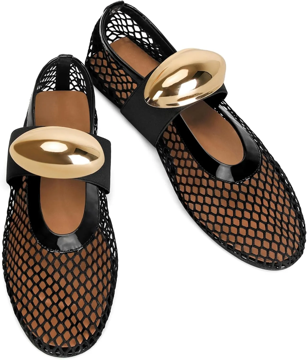DOEYG Mesh Ballet Flats for Women Buckle Strap Comfy Casual Office Fishnet Ballerina Flat Shoes