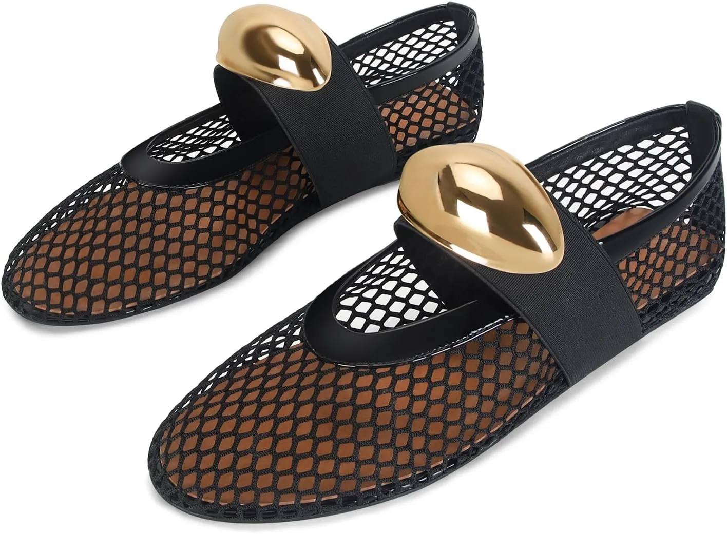 DOEYG Mesh Ballet Flats for Women Buckle Strap Comfy Casual Office Fishnet Ballerina Flat Shoes