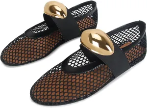 DOEYG Mesh Ballet Flats for Women Buckle Strap Comfy Casual Office Fishnet Ballerina Flat Shoes