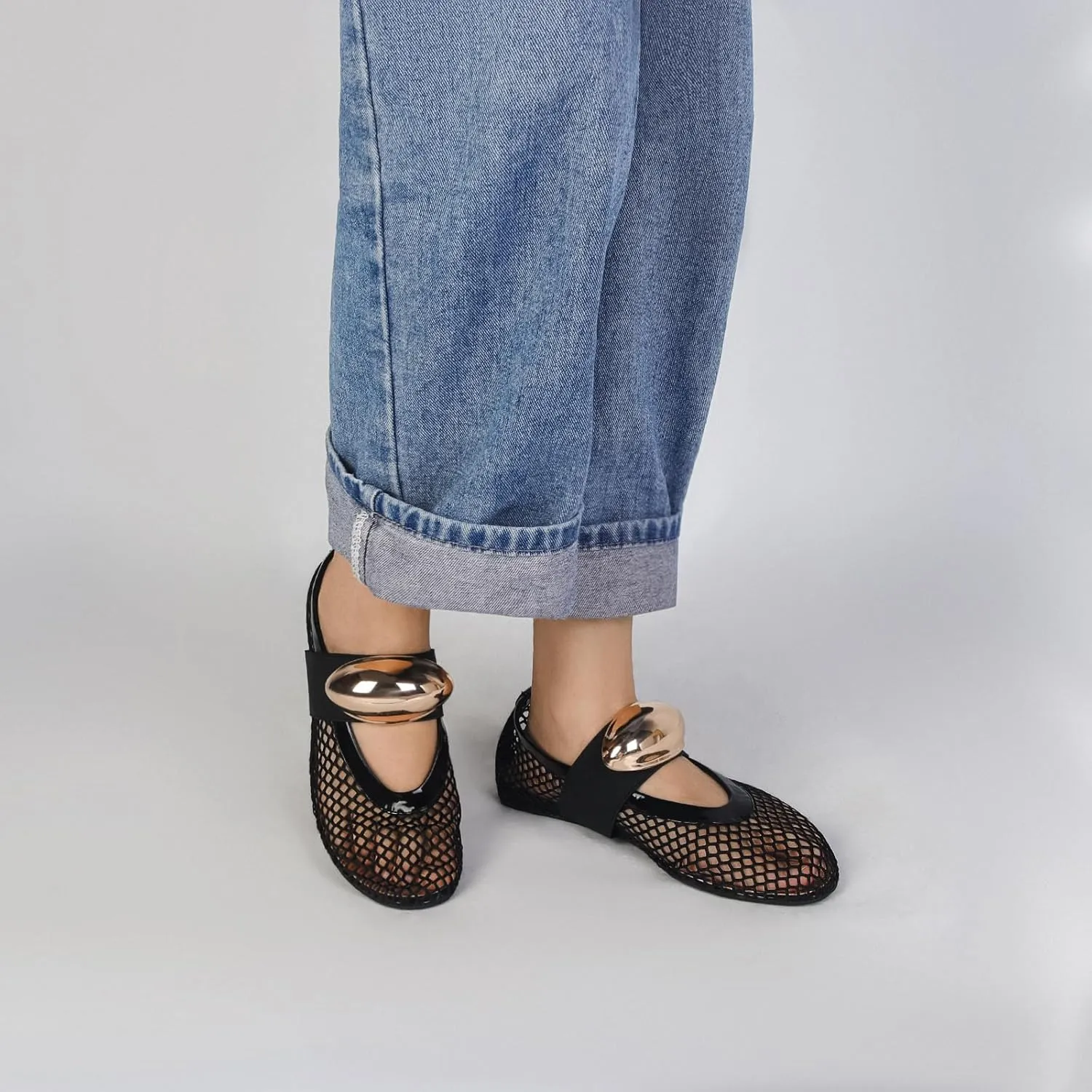 DOEYG Mesh Ballet Flats for Women Buckle Strap Comfy Casual Office Fishnet Ballerina Flat Shoes