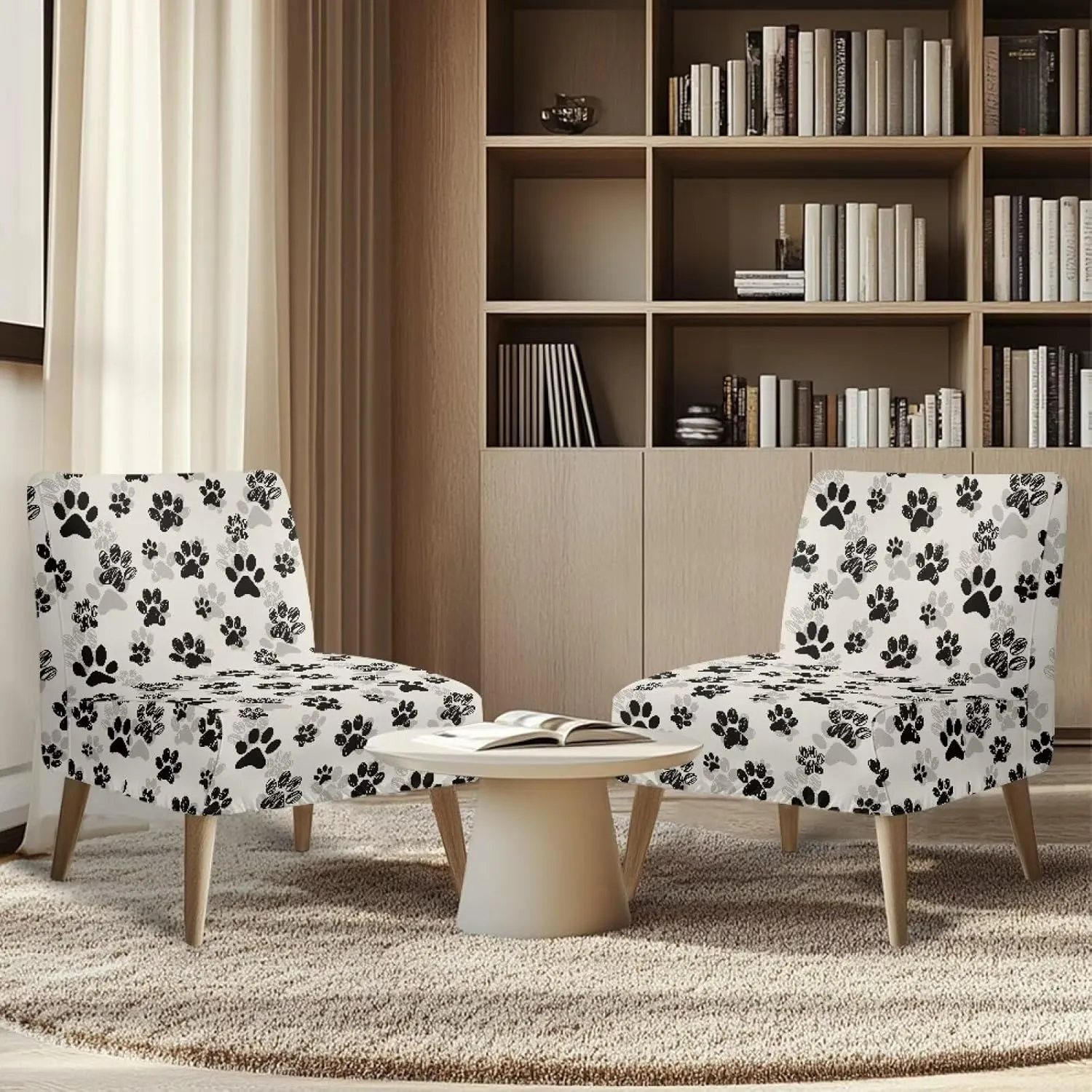 Dog Paws Print Armless Accent Slipper Chair Cover Slipcover Stretch Removable Cover for Accent Chair Without Arms Furniture Protector for Living Dining Room