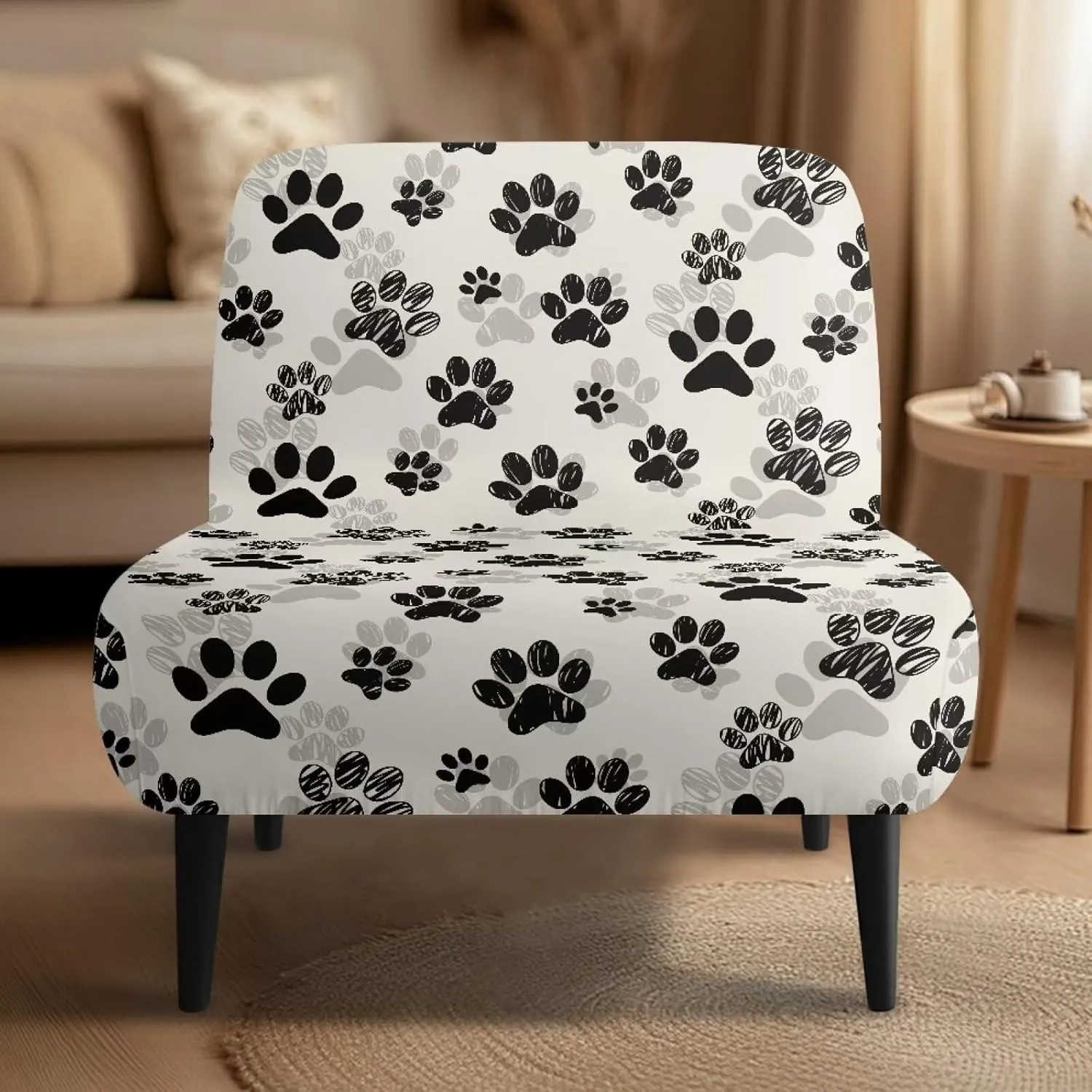 Dog Paws Print Armless Accent Slipper Chair Cover Slipcover Stretch Removable Cover for Accent Chair Without Arms Furniture Protector for Living Dining Room