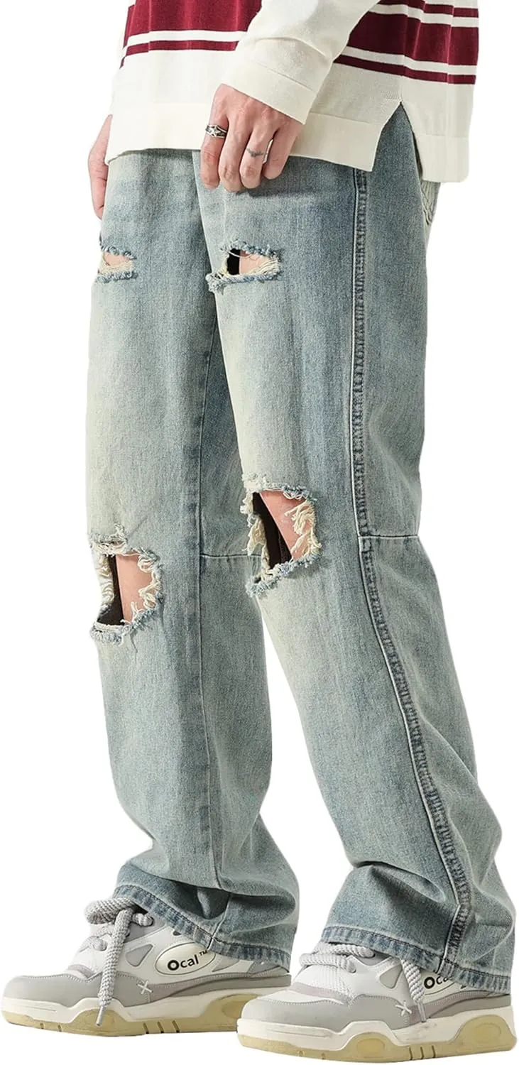 DOSLAVIDA Men's Baggy Jeans Loose Fit Ripped Distressed Jean Relaxed Skateboard Denim Pants with Holes