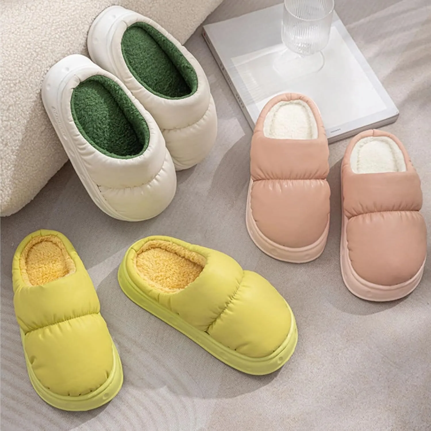 Down Warm Home Slippers for Women Men Indoor Winter Plush Comfy House Slipper Couple Soft Cozy Bedroom Shoes Non-Slip Thickened Sole Lightweight