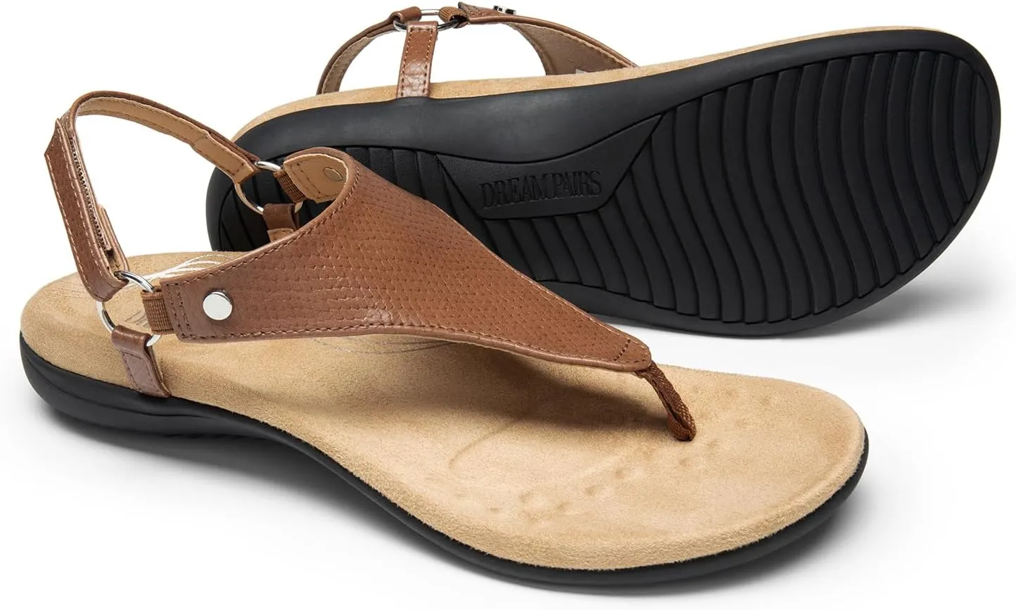 DREAM PAIRS Women's Flat Sandals Arch Support Orthopedic Comfortable Soft Cushion Summer T-Strap Walking Thong Sandals