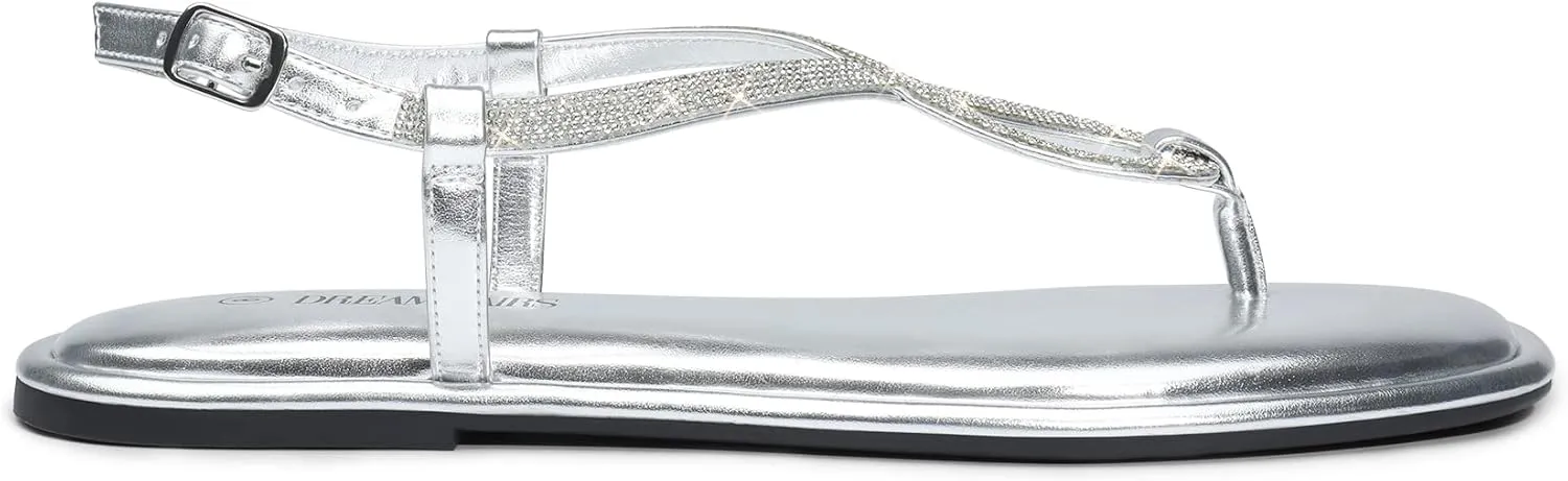 DREAM PAIRS Women's Flat Sandals Fashion Rhinestone Flat Sandals with Ankle Strap for Summers Dress Casual