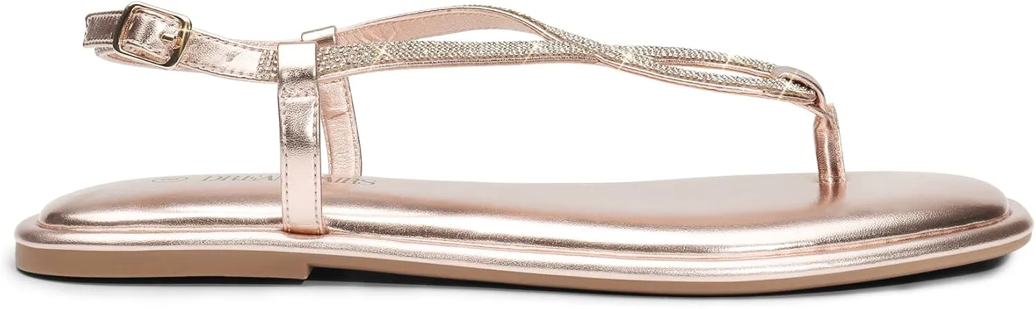 DREAM PAIRS Women's Flat Sandals Fashion Rhinestone Flat Sandals with Ankle Strap for Summers Dress Casual