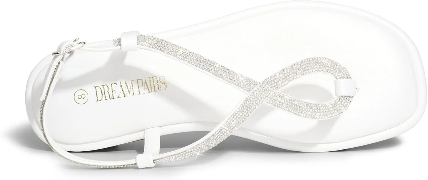 DREAM PAIRS Women's Flat Sandals Fashion Rhinestone Flat Sandals with Ankle Strap for Summers Dress Casual