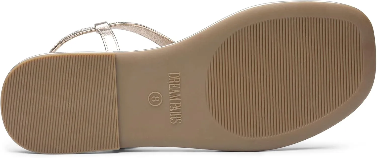 DREAM PAIRS Women's Flat Sandals Fashion Rhinestone Flat Sandals with Ankle Strap for Summers Dress Casual