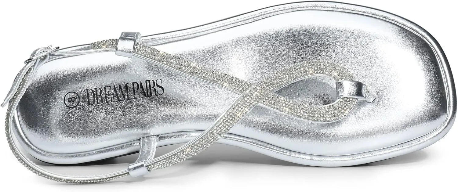 DREAM PAIRS Women's Flat Sandals Fashion Rhinestone Flat Sandals with Ankle Strap for Summers Dress Casual