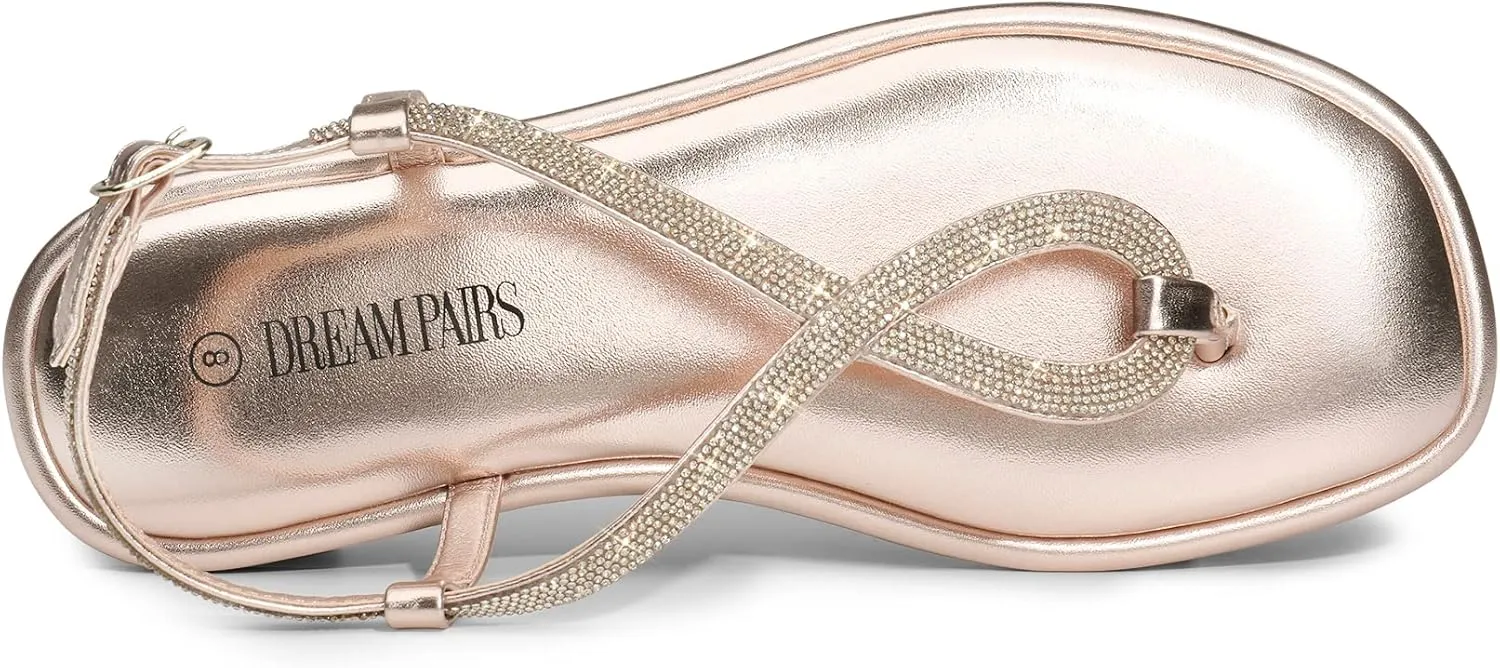 DREAM PAIRS Women's Flat Sandals Fashion Rhinestone Flat Sandals with Ankle Strap for Summers Dress Casual