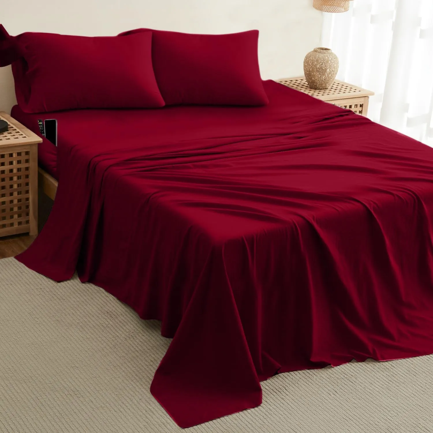 DREAMCARE King Size Sheets Set - Cooling Bed Sheets - 4pcs Set - up to 15" Deep Pocket King Sheet Set – Soft & Long Lasting Cooling - 100% Fine Brushed Polyester with Side Pocket - Burgundy