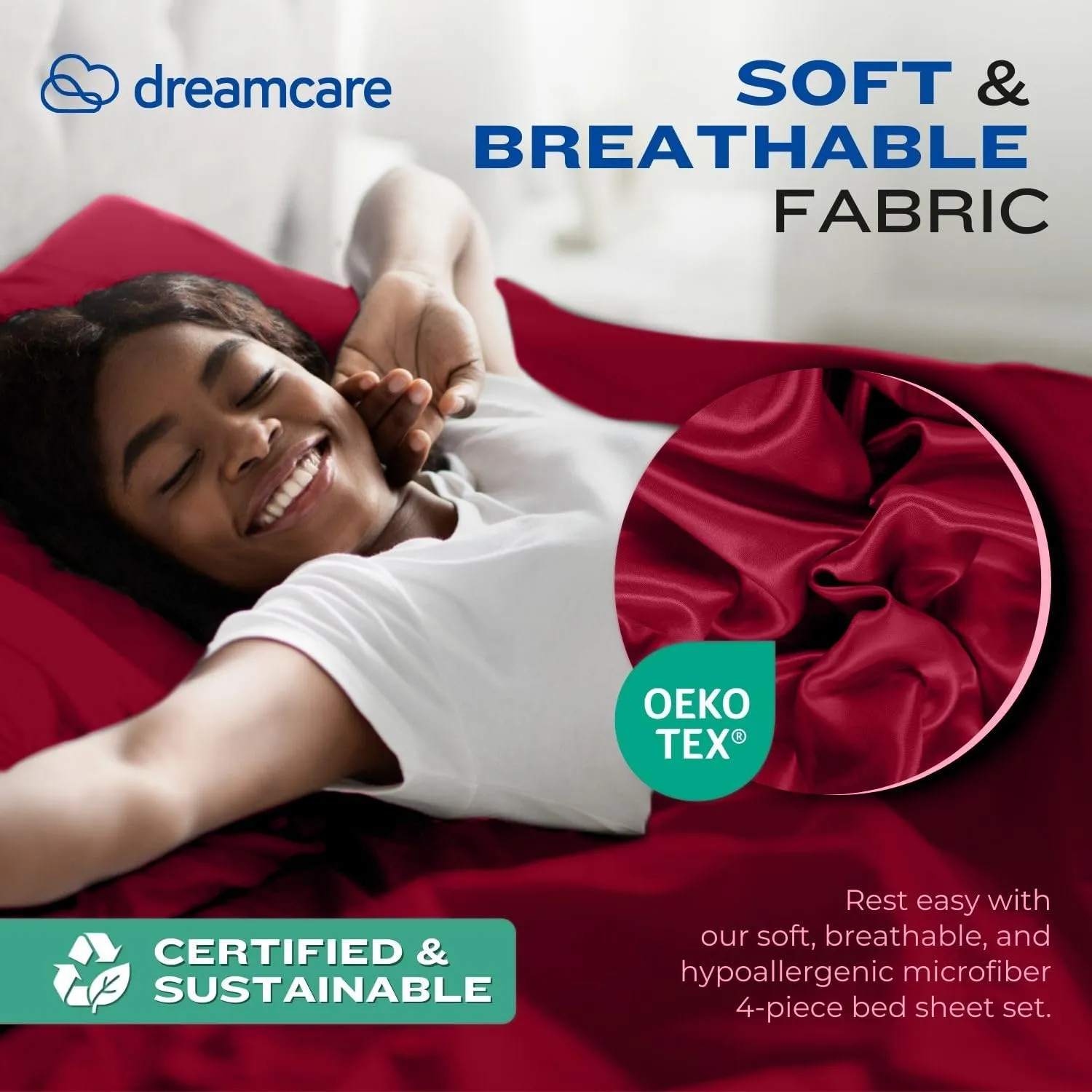 DREAMCARE King Size Sheets Set - Cooling Bed Sheets - 4pcs Set - up to 15" Deep Pocket King Sheet Set – Soft & Long Lasting Cooling - 100% Fine Brushed Polyester with Side Pocket - Burgundy